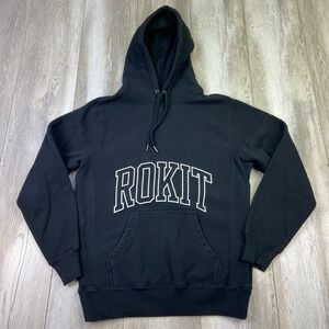 Rokit Hoodie Mens Small Black White Hooded Pullover Pockets Casual Men